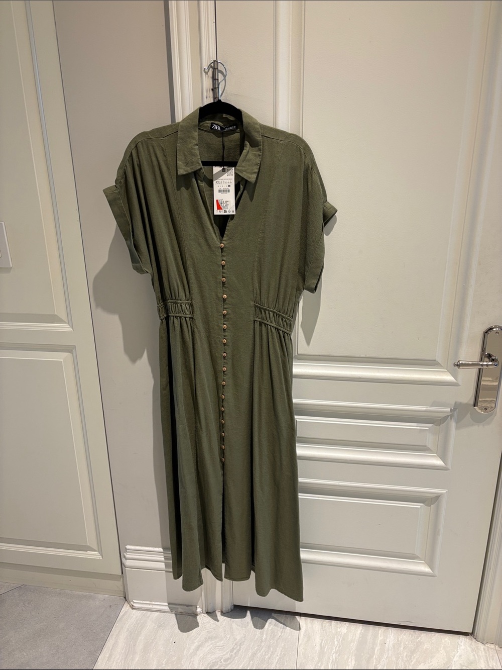 Zara Olive Green Button-Front Midi Shirt Dress NWT